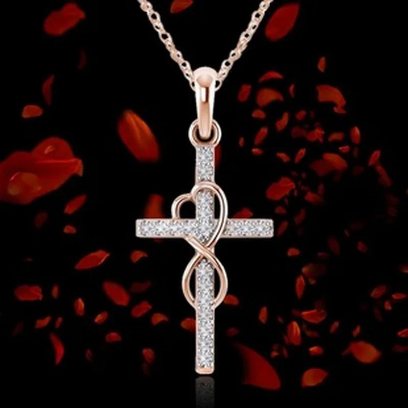Japan Korea Heart Hollowed Pendant Minimalist Cross Necklace For Women Girl Senior Rhinestone Christian Jewelry Accessories Gift