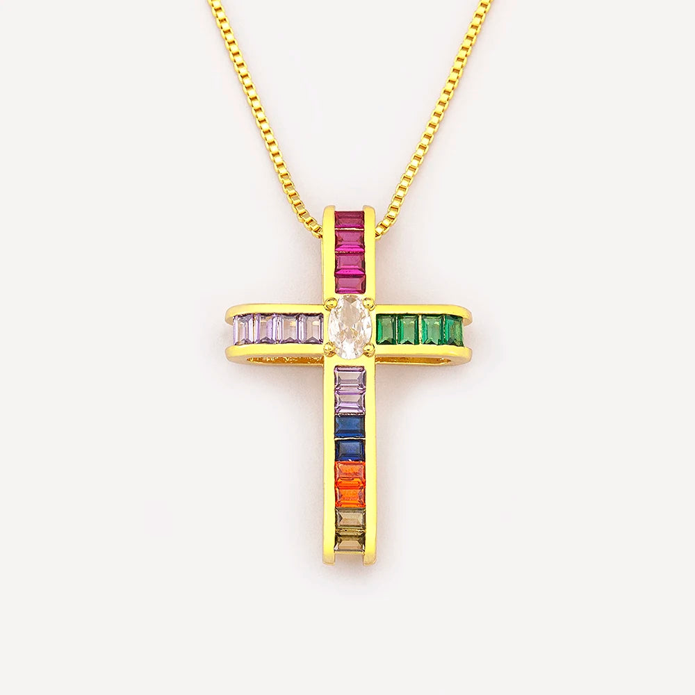New Trendy Religious Style Inlaid Colorful Zircon Cross Pendant Necklace For Women Christian Clavicle Chain Accessories
