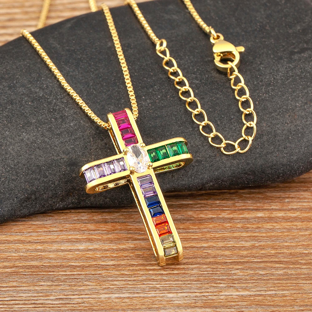 New Trendy Religious Style Inlaid Colorful Zircon Cross Pendant Necklace For Women Christian Clavicle Chain Accessories