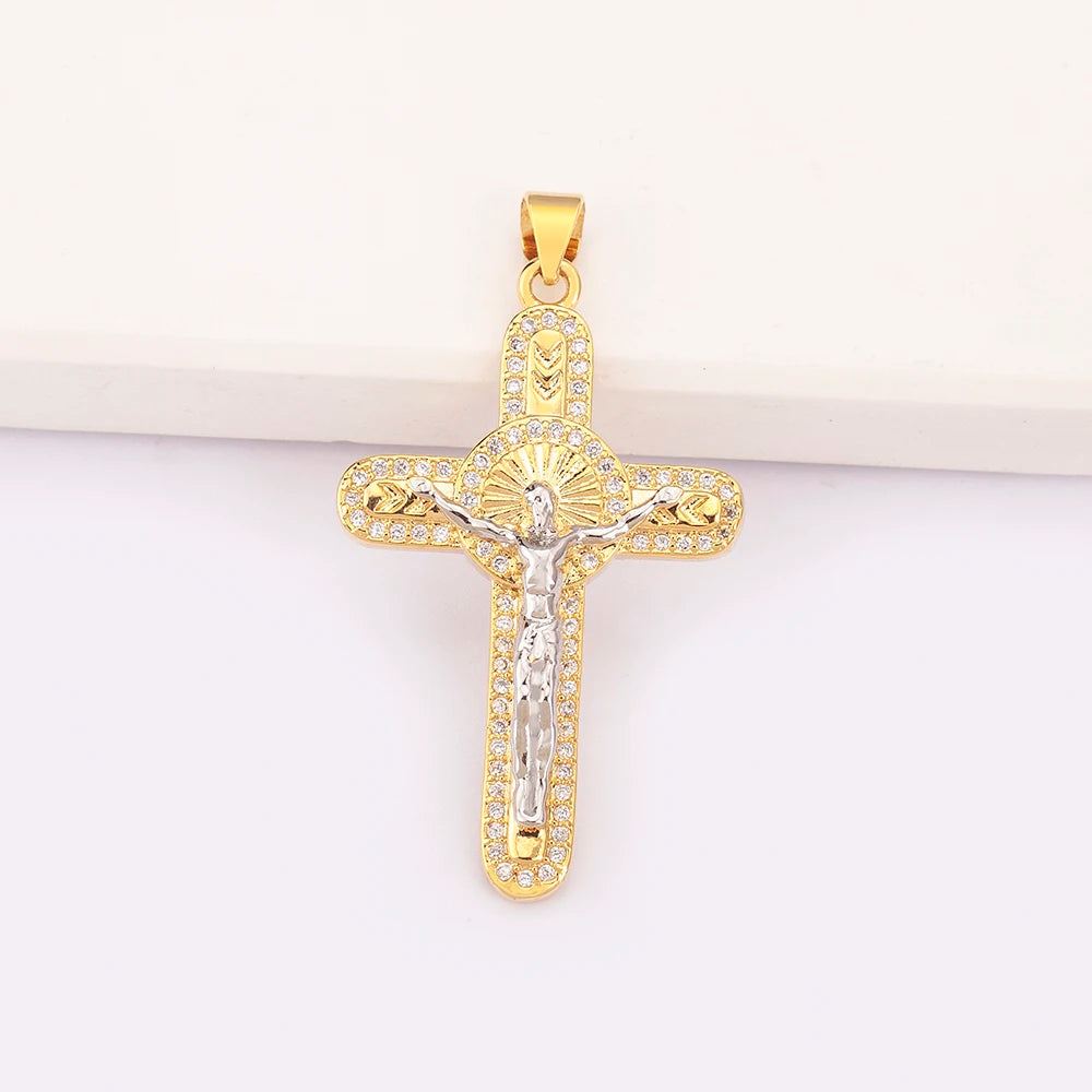 New Retro Christian Jesus Cross Pendant DIY Necklace For Women Copper Shiny Zircon Charms Jewelry Making Supplies Accessories