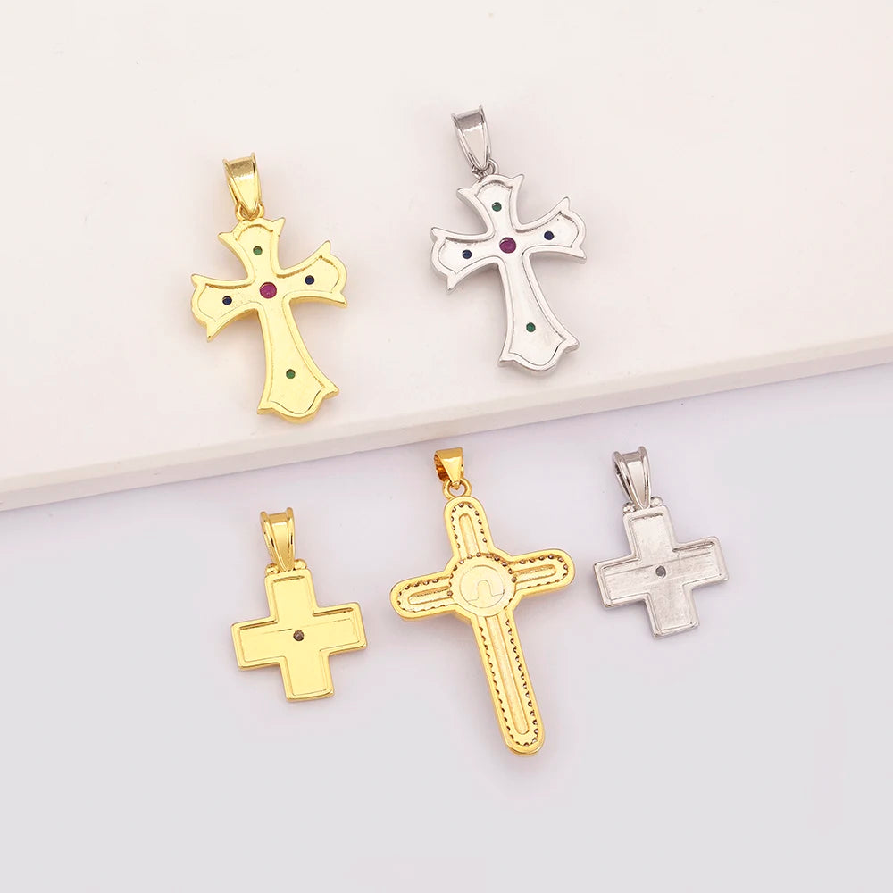 New Retro Christian Jesus Cross Pendant DIY Necklace For Women Copper Shiny Zircon Charms Jewelry Making Supplies Accessories