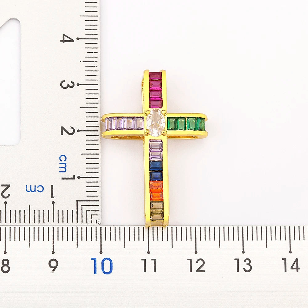 New Trendy Religious Style Inlaid Colorful Zircon Cross Pendant Necklace For Women Christian Clavicle Chain Accessories