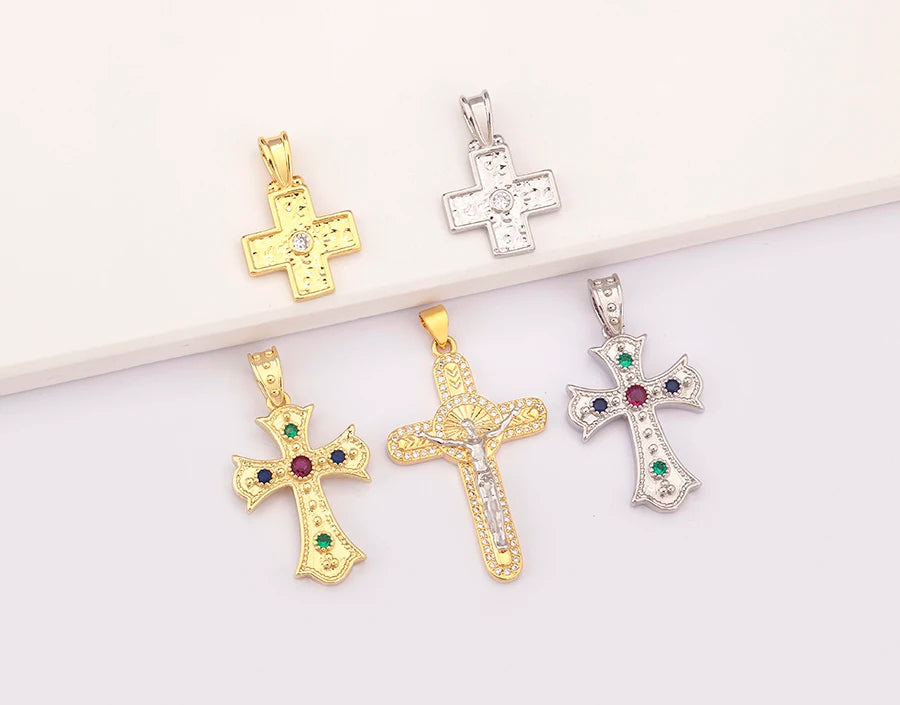 New Retro Christian Jesus Cross Pendant DIY Necklace For Women Copper Shiny Zircon Charms Jewelry Making Supplies Accessories