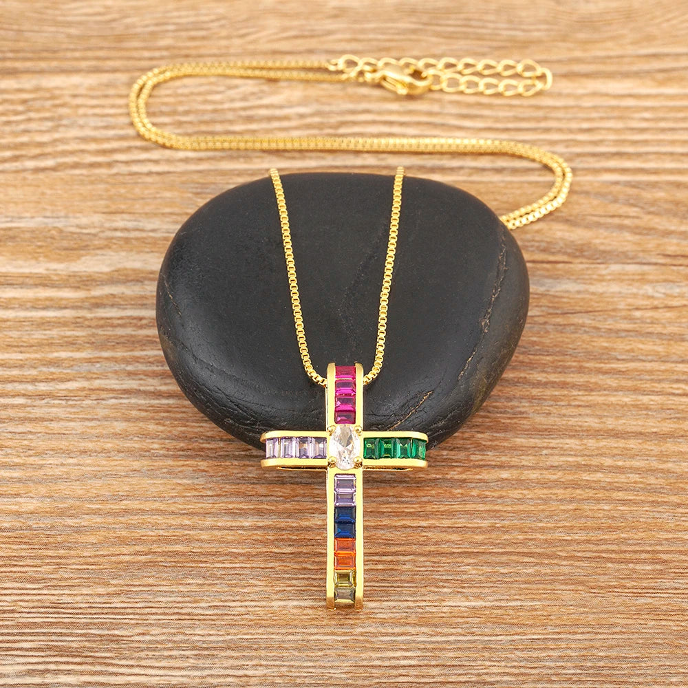 New Trendy Religious Style Inlaid Colorful Zircon Cross Pendant Necklace For Women Christian Clavicle Chain Accessories