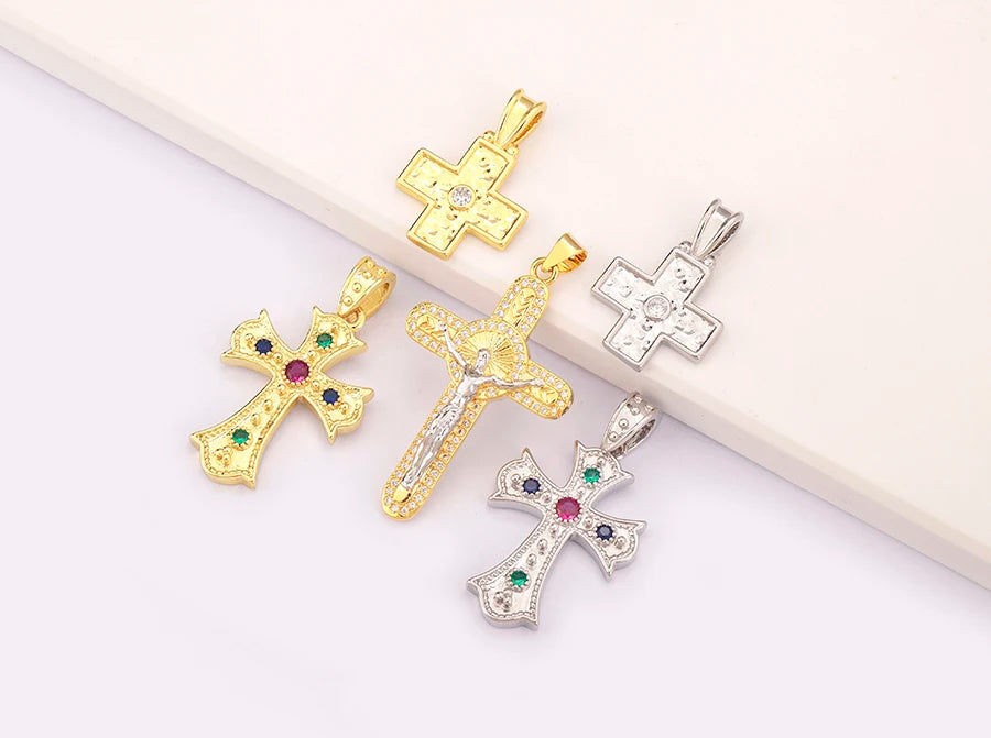 New Retro Christian Jesus Cross Pendant DIY Necklace For Women Copper Shiny Zircon Charms Jewelry Making Supplies Accessories