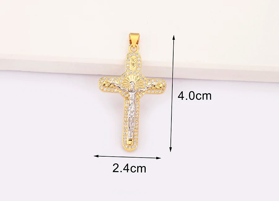 New Retro Christian Jesus Cross Pendant DIY Necklace For Women Copper Shiny Zircon Charms Jewelry Making Supplies Accessories