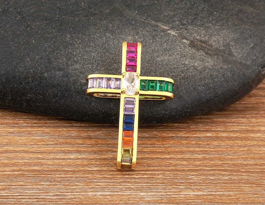 New Trendy Religious Style Inlaid Colorful Zircon Cross Pendant Necklace For Women Christian Clavicle Chain Accessories