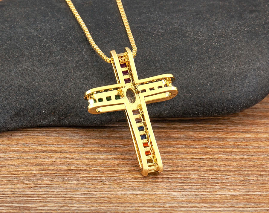 New Trendy Religious Style Inlaid Colorful Zircon Cross Pendant Necklace For Women Christian Clavicle Chain Accessories