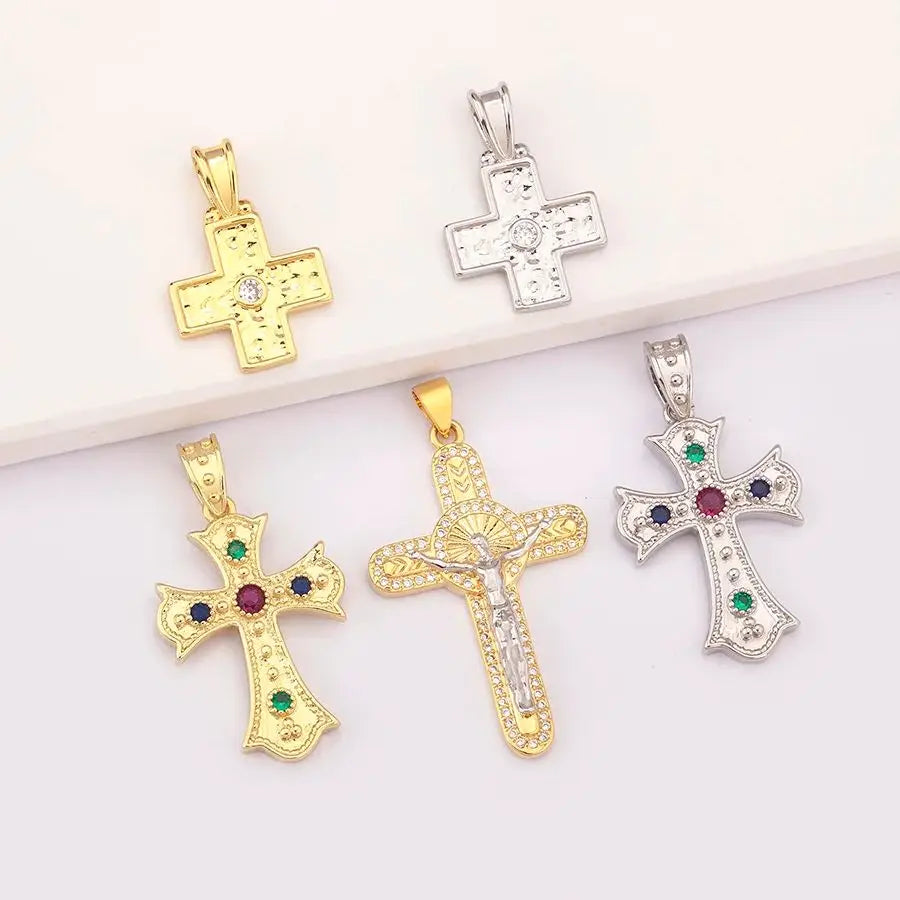 New Retro Christian Jesus Cross Pendant DIY Necklace For Women Copper Shiny Zircon Charms Jewelry Making Supplies Accessories