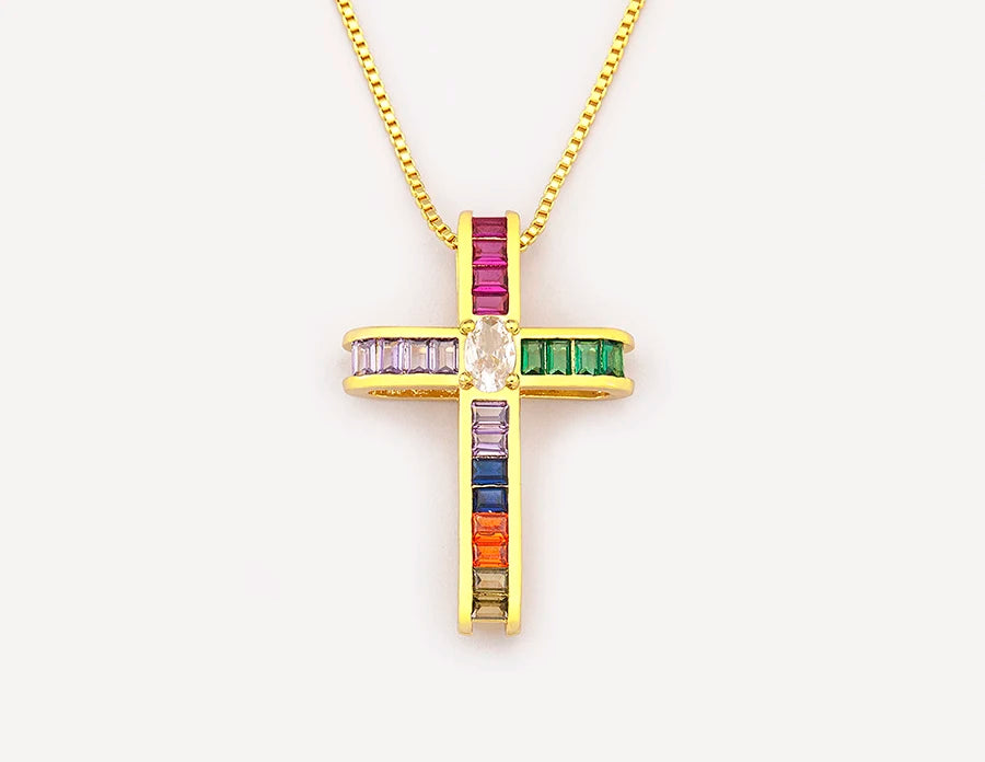New Trendy Religious Style Inlaid Colorful Zircon Cross Pendant Necklace For Women Christian Clavicle Chain Accessories