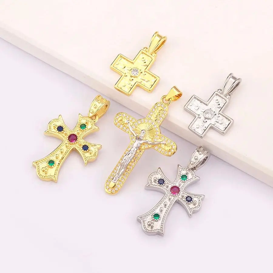 New Retro Christian Jesus Cross Pendant DIY Necklace For Women Copper Shiny Zircon Charms Jewelry Making Supplies Accessories