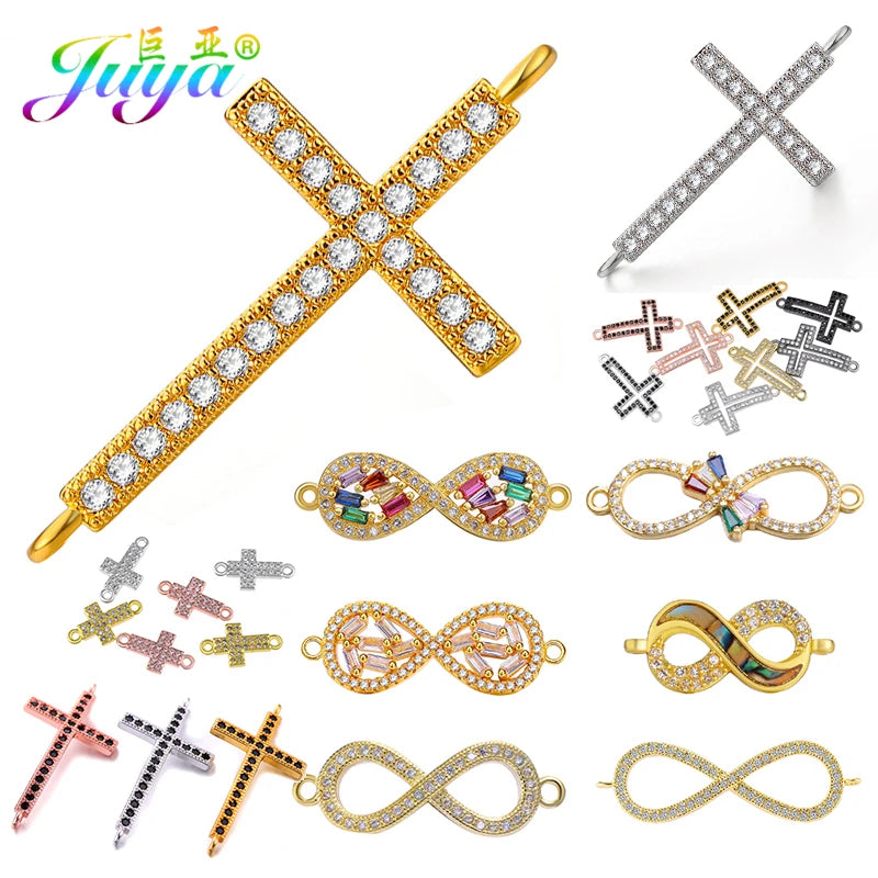 DIY Religious Christian Jewelry Making Accessories Micro Pave Zircon Gold Infinity Cross Charm Connectors Findings
