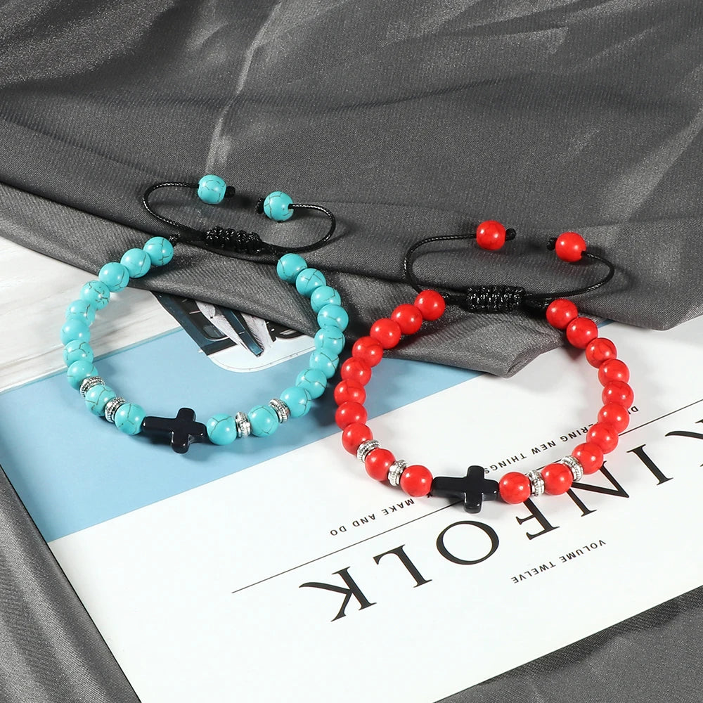 Handmade Natural Stone Wooden Beaded Bracelet Christian Jesus Cross Braided Bracelets Men Women Prayer Jewelry Couple Gift