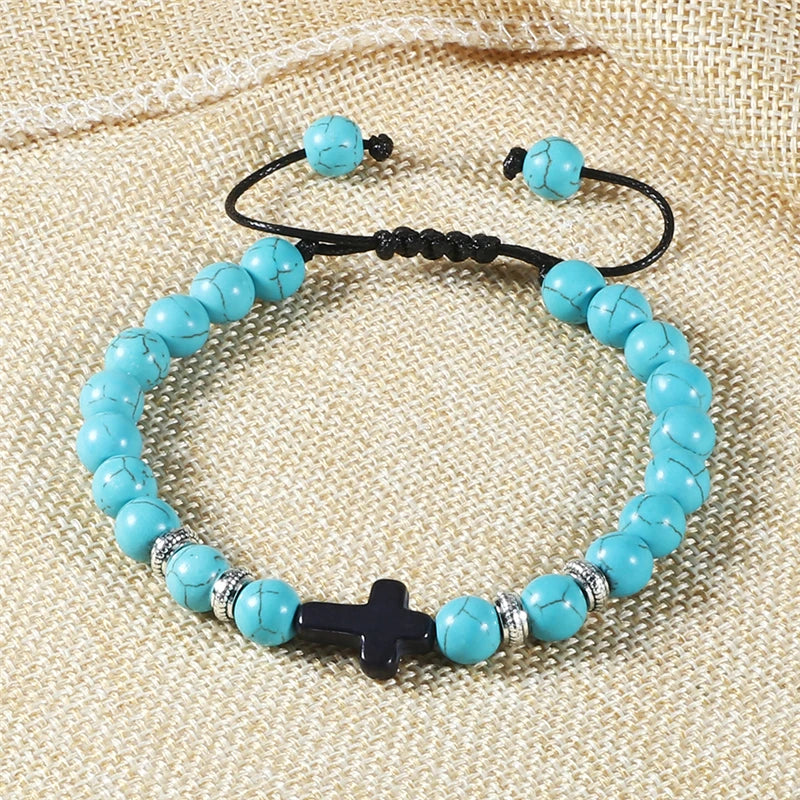Handmade Natural Stone Wooden Beaded Bracelet Christian Jesus Cross Braided Bracelets Men Women Prayer Jewelry Couple Gift