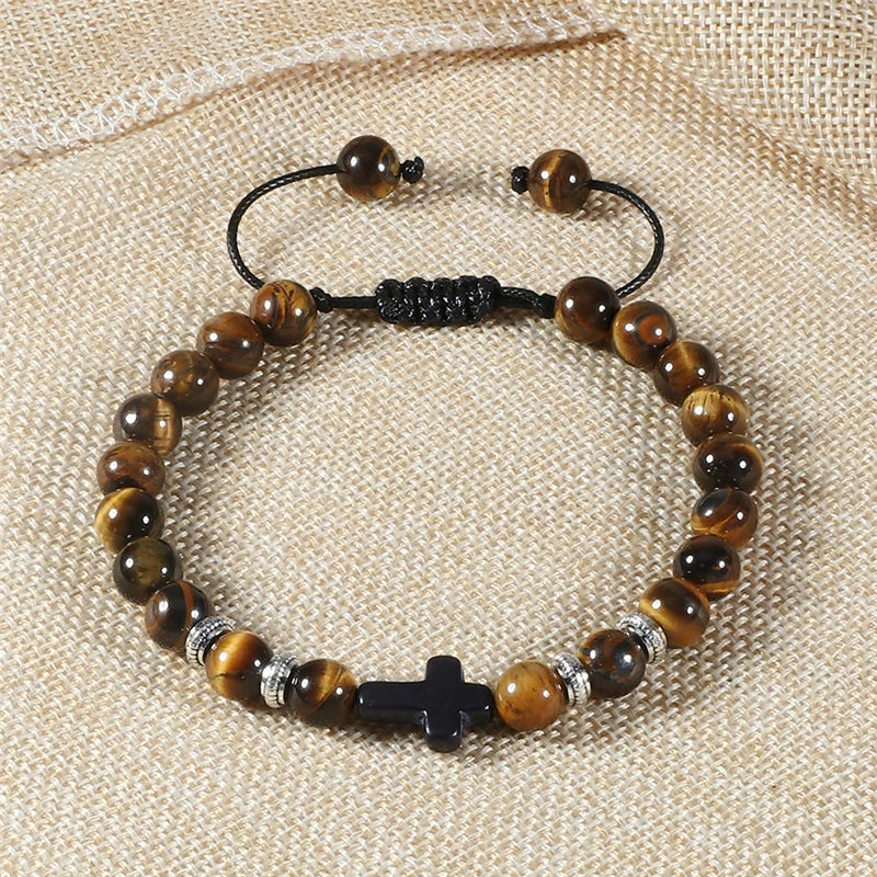 Handmade Natural Stone Wooden Beaded Bracelet Christian Jesus Cross Braided Bracelets Men Women Prayer Jewelry Couple Gift