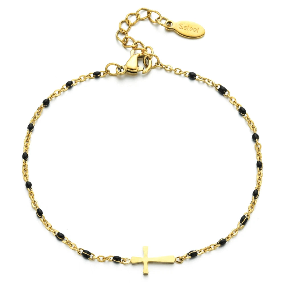 Boho Thin Style Fashion Chain Jesus Christian Stainless Steel Bracelet Women Gold Color Charm Cross Bracelet Girls Jewelry