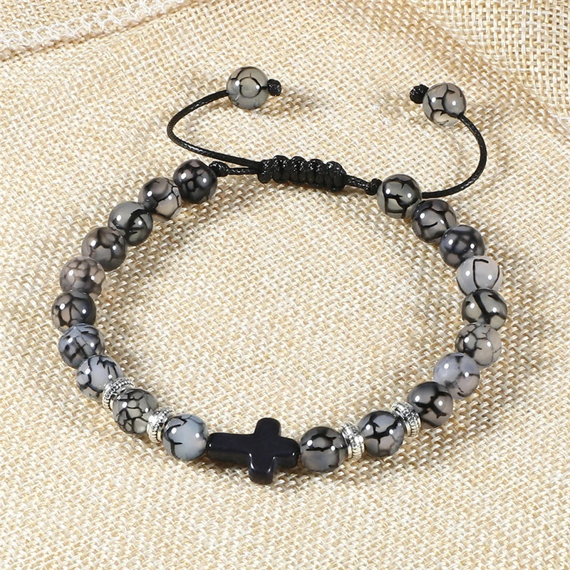 Handmade Natural Stone Wooden Beaded Bracelet Christian Jesus Cross Braided Bracelets Men Women Prayer Jewelry Couple Gift