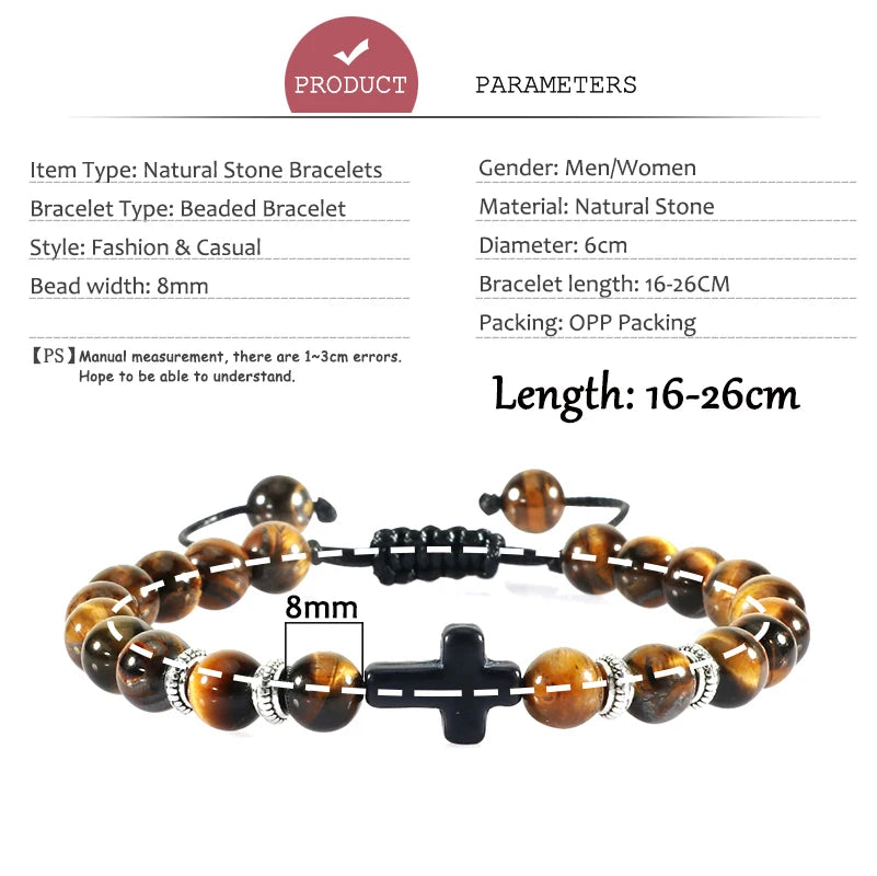 Handmade Natural Stone Wooden Beaded Bracelet Christian Jesus Cross Braided Bracelets Men Women Prayer Jewelry Couple Gift