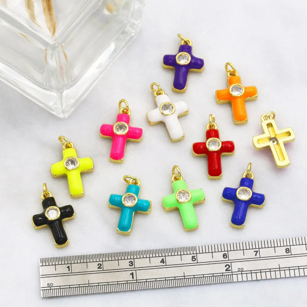 Colorful Small Christian Cross Necklace Pendants CZ Gold Plated Copper Religious Accessories for Jewelry