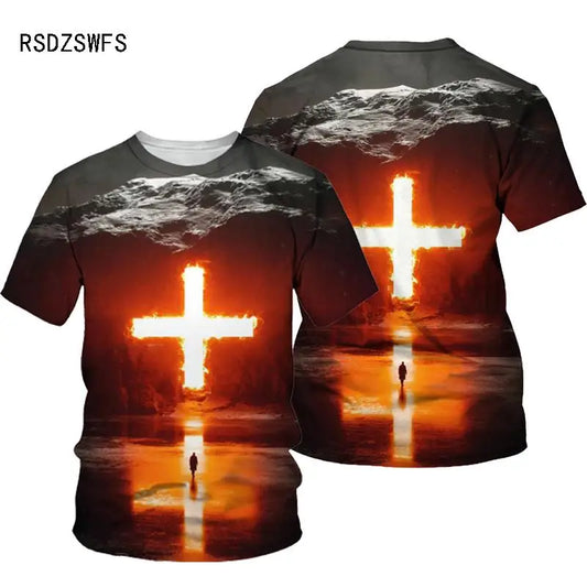 3D Cross Print Men T-shirt Jesus 2025 O Neck Short Sleeve Tees Tops Christian Style Male Clothes Fashion Casual T-shirt