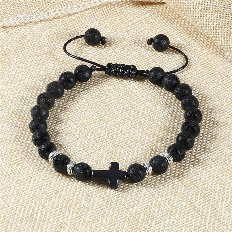 Handmade Natural Stone Wooden Beaded Bracelet Christian Jesus Cross Braided Bracelets Men Women Prayer Jewelry Couple Gift