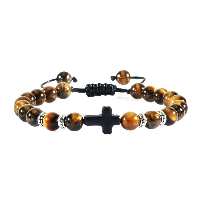 Handmade Natural Stone Wooden Beaded Bracelet Christian Jesus Cross Braided Bracelets Men Women Prayer Jewelry Couple Gift