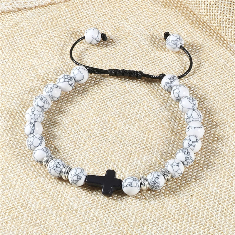 Handmade Natural Stone Wooden Beaded Bracelet Christian Jesus Cross Braided Bracelets Men Women Prayer Jewelry Couple Gift