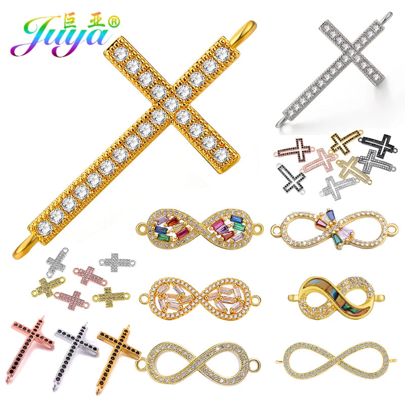 DIY Religious Christian Jewelry Making Accessories Micro Pave Zircon Gold Infinity Cross Charm Connectors Findings