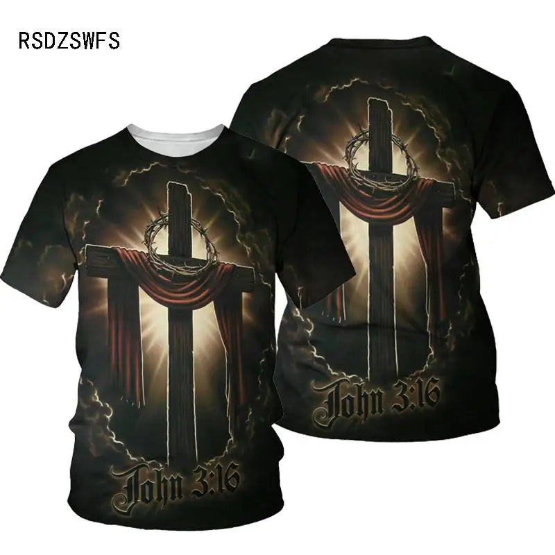 3D Cross Print Men T-shirt Jesus 2025 O Neck Short Sleeve Tees Tops Christian Style Male Clothes Fashion Casual T-shirt
