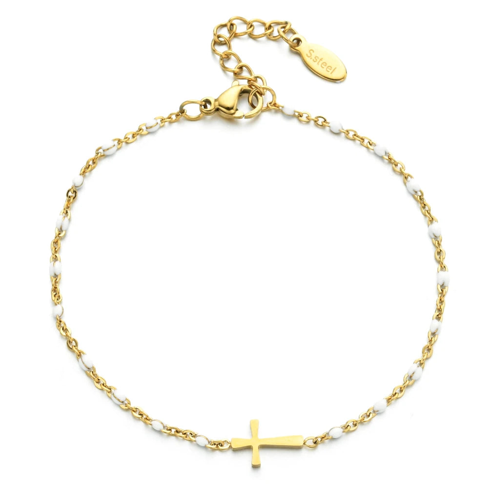 Boho Thin Style Fashion Chain Jesus Christian Stainless Steel Bracelet Women Gold Color Charm Cross Bracelet Girls Jewelry