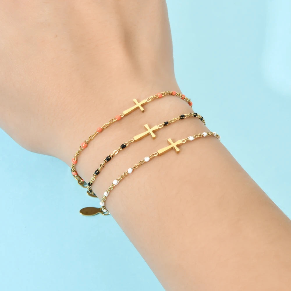 Boho Thin Style Fashion Chain Jesus Christian Stainless Steel Bracelet Women Gold Color Charm Cross Bracelet Girls Jewelry
