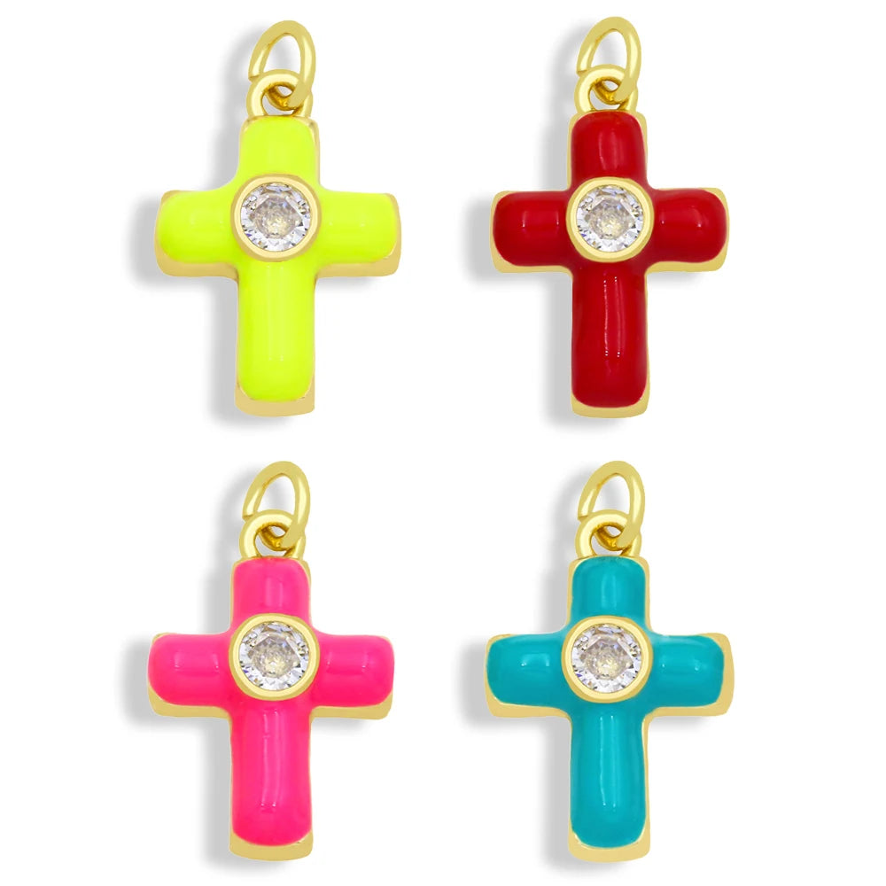Colorful Small Christian Cross Necklace Pendants CZ Gold Plated Copper Religious Accessories for Jewelry
