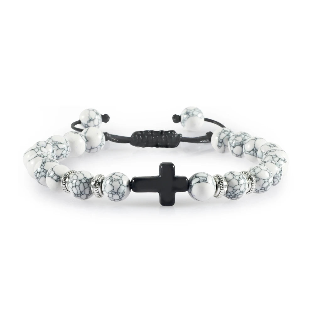 Handmade Natural Stone Wooden Beaded Bracelet Christian Jesus Cross Braided Bracelets Men Women Prayer Jewelry Couple Gift