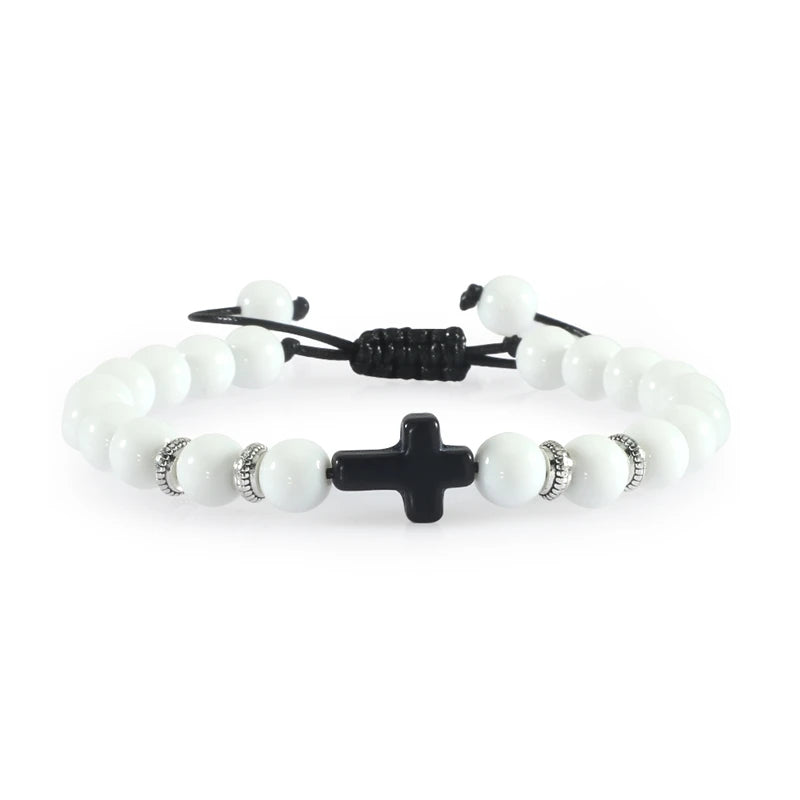 Handmade Natural Stone Wooden Beaded Bracelet Christian Jesus Cross Braided Bracelets Men Women Prayer Jewelry Couple Gift