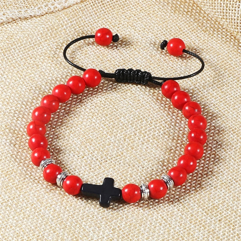 Handmade Natural Stone Wooden Beaded Bracelet Christian Jesus Cross Braided Bracelets Men Women Prayer Jewelry Couple Gift