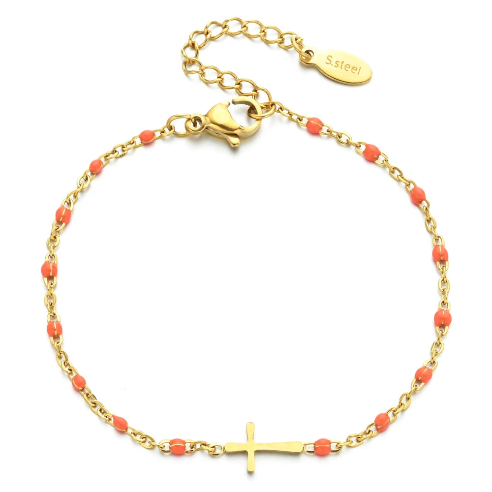 Boho Thin Style Fashion Chain Jesus Christian Stainless Steel Bracelet Women Gold Color Charm Cross Bracelet Girls Jewelry