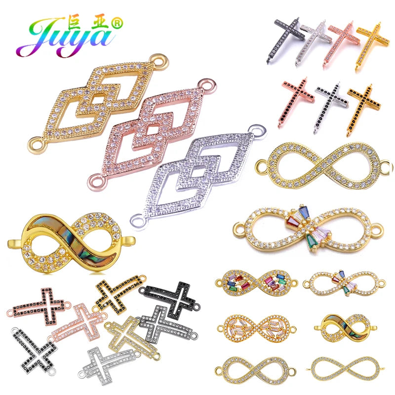 DIY Religious Christian Jewelry Making Accessories Micro Pave Zircon Gold Infinity Cross Charm Connectors Findings