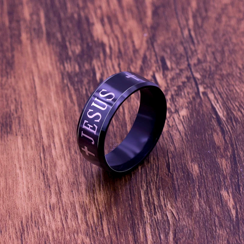 2025 NEW Black Titanium Steel Jesus Rings Cross Prayer Letter Bible Wedding Band Ring Men Jewelry
