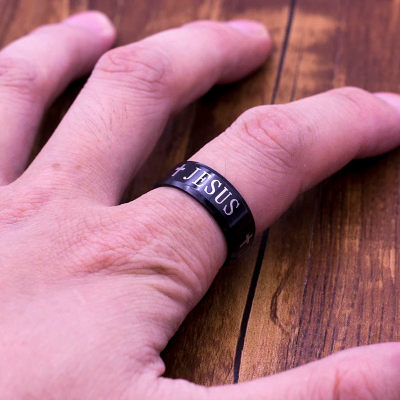 2019 NEW Black Titanium Steel Jesus Rings Cross Prayer Letter Bible Wedding Band Ring Men Jewelry