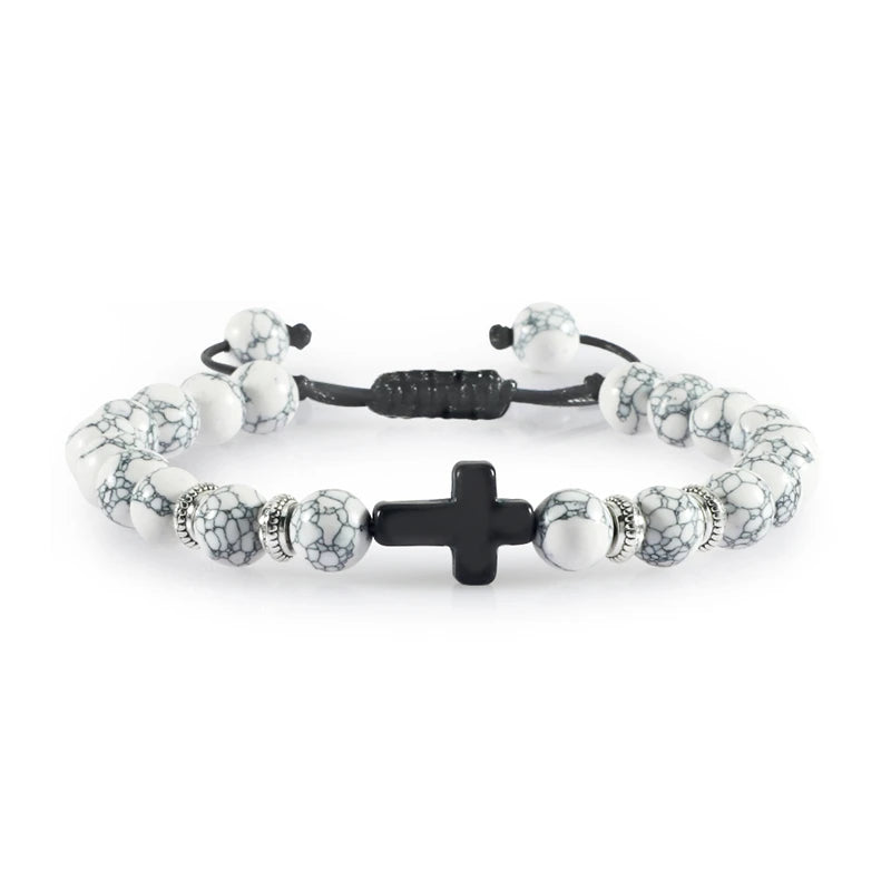 Handmade Natural Stone Wooden Beaded Bracelet Christian Jesus Cross Braided Bracelets Men Women Prayer Jewelry Couple Gift