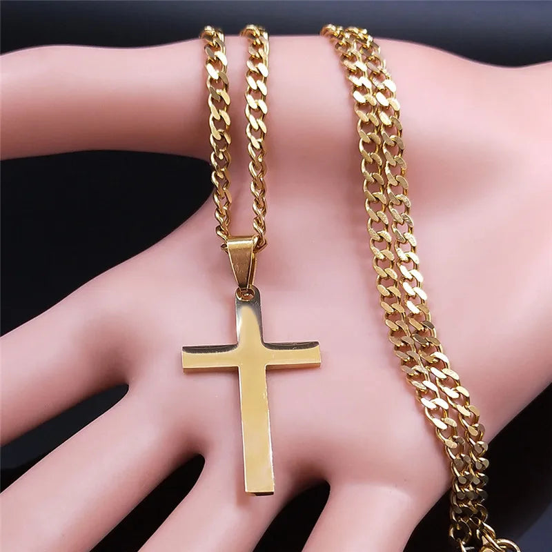 Christian Stainless Steel Jesus Cross Chain Necklace for Women Men Gold Color Statement Necklace Jewelry collier croix