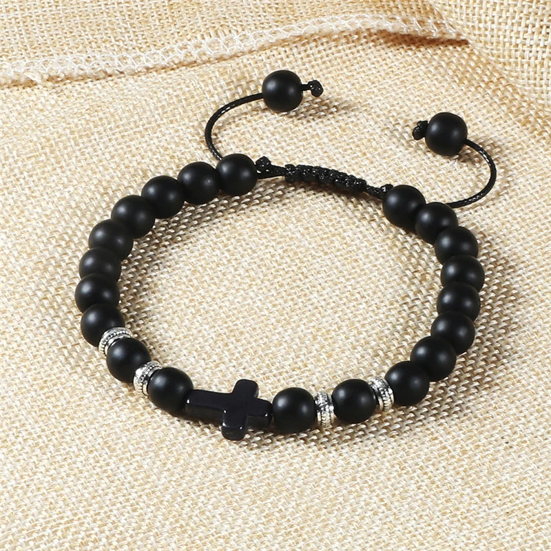 Handmade Natural Stone Wooden Beaded Bracelet Christian Jesus Cross Braided Bracelets Men Women Prayer Jewelry Couple Gift