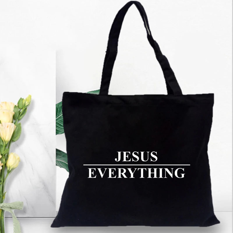 Fashion Women Shopping Bag Canvas Tote Jesus Is My God Print Shoulder Bag Foldable Eco Reusable Christian Female Shopper Handbag