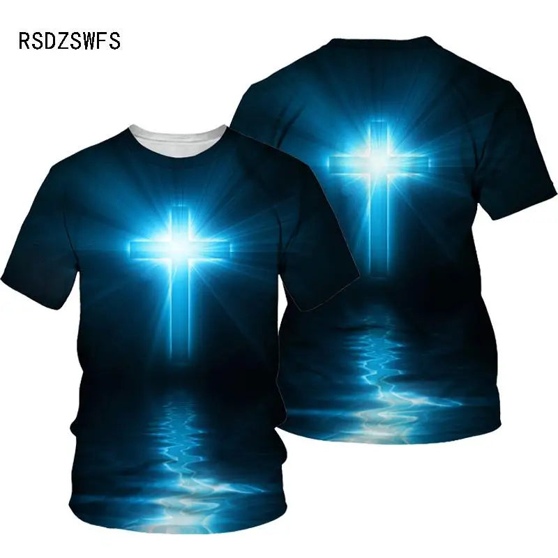 3D Cross Print Men T-shirt Jesus 2025 O Neck Short Sleeve Tees Tops Christian Style Male Clothes Fashion Casual T-shirt