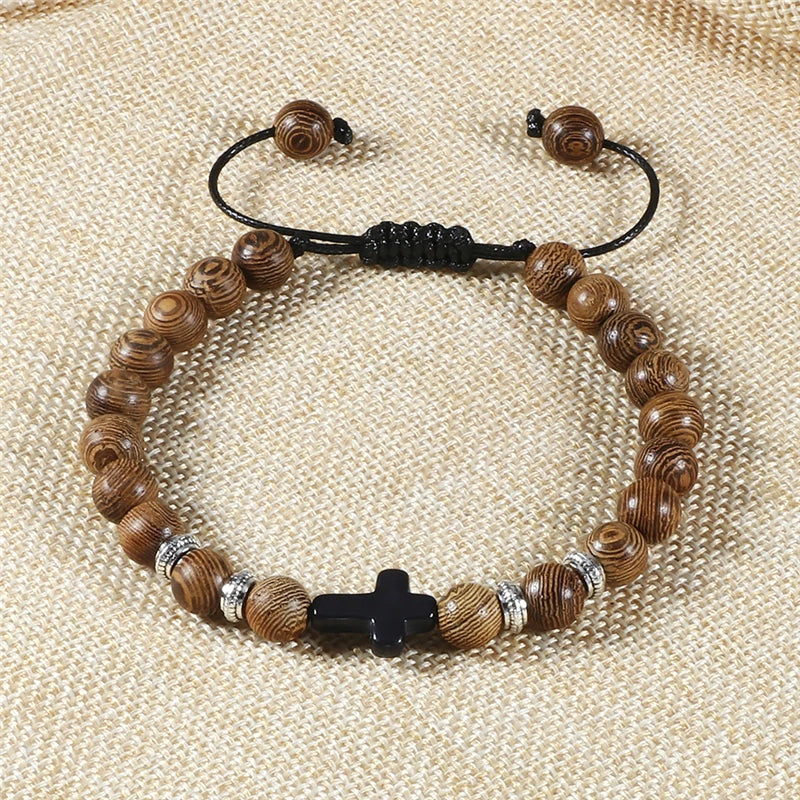 Handmade Natural Stone Wooden Beaded Bracelet Christian Jesus Cross Braided Bracelets Men Women Prayer Jewelry Couple Gift