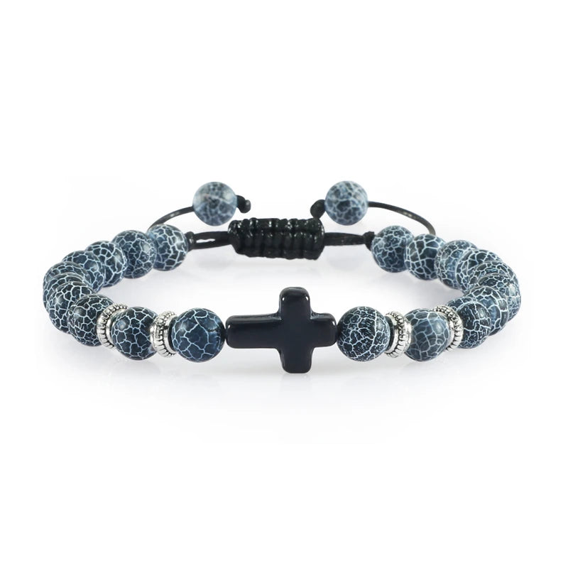 Handmade Natural Stone Wooden Beaded Bracelet Christian Jesus Cross Braided Bracelets Men Women Prayer Jewelry Couple Gift