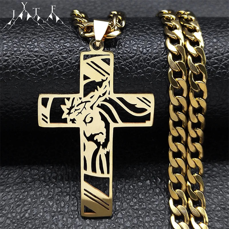 Crown of Thorns Jesus Mary Cross Necklace for Men Stainless Steel Gold Plated Crucifix Pendant Necklaces Jewelry