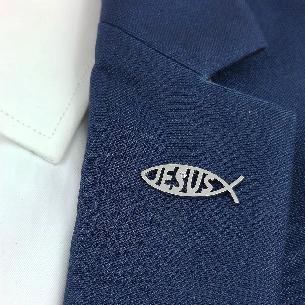 Stainless Steel Jesus Letter Fish Brooch Men's Shirt Suit Badge Pins Fashion Jewelry Accessories Religious Christian Gift