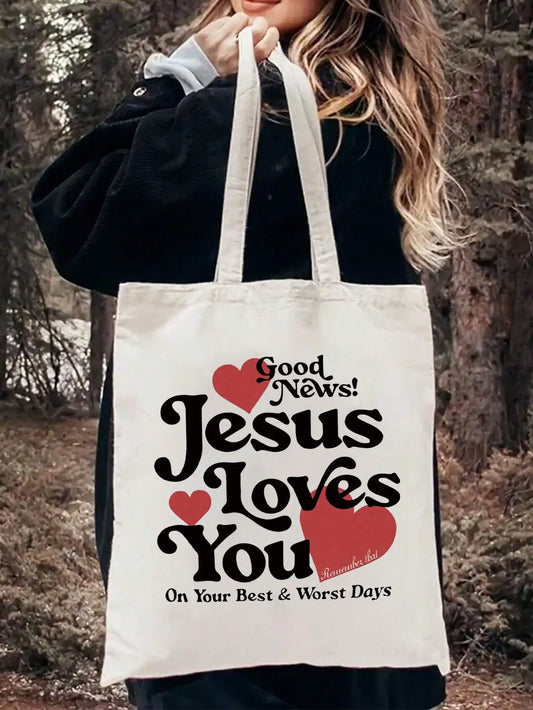 Jesus Loves You Print Tote Bag Christian Tote Bag Vintage Bible Verse Shoulder Bag Suitable For Outdoor Picnic Party Shopping