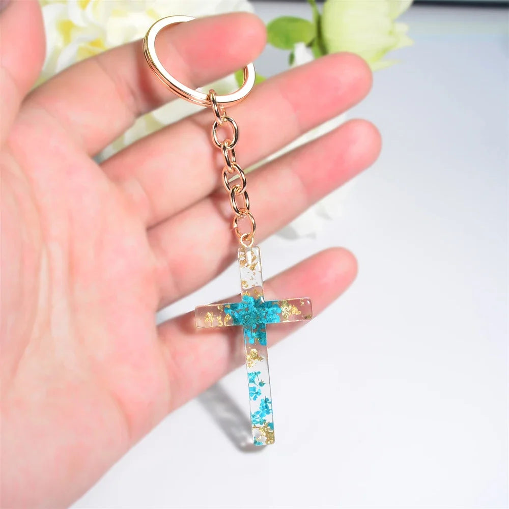 Fashion Multicolor Acrylic Cross Keychain Dry Flower Star Fill Resin Keyring for Women Men Car Bag Phone Pendant Christian Gifts